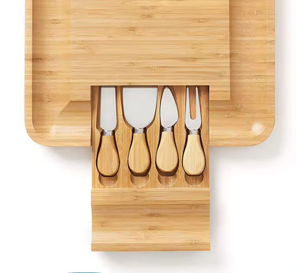 Tabla Para Quesos De Madera Bambú + 4 ac